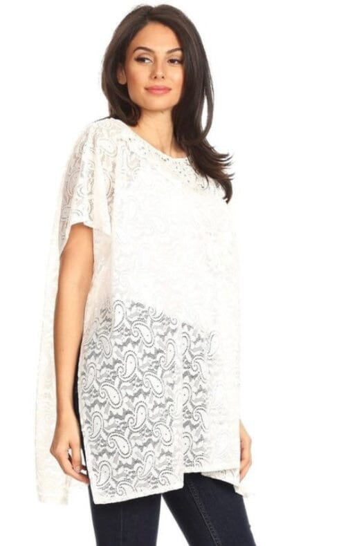 Womens Paisley Lace Top | Pull Over Lace Printed Shirt | Black or White Lace Kimono | Swimsuit Cover