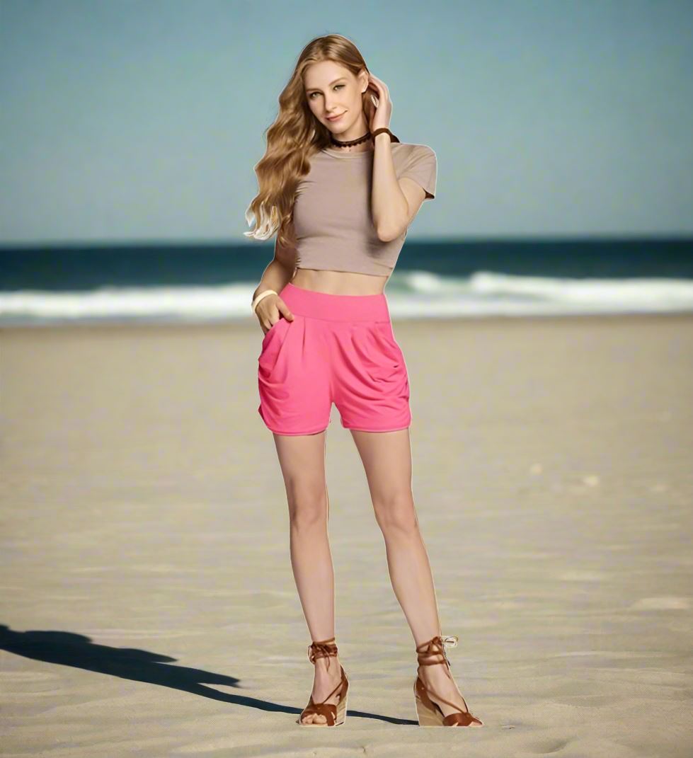 Womens Pink Shorts, Harem Pocket Shorts, Sizes S/M/L/XL, Solid Pink Shorts MomMe and More 
