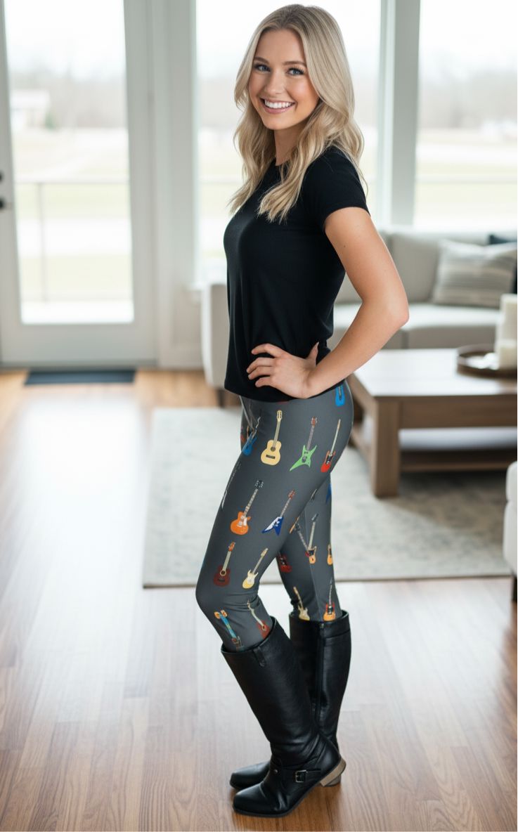 Womens Guitar Leggings - High Waisted - Buttery Soft - Gray/Multi Leggings MomMe and More 