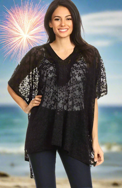 Womens Star Print Lace Top | 4th of July Lace Shirt | Black Stars Lace Kimono | Swimsuit Cover kimono MomMe and More 