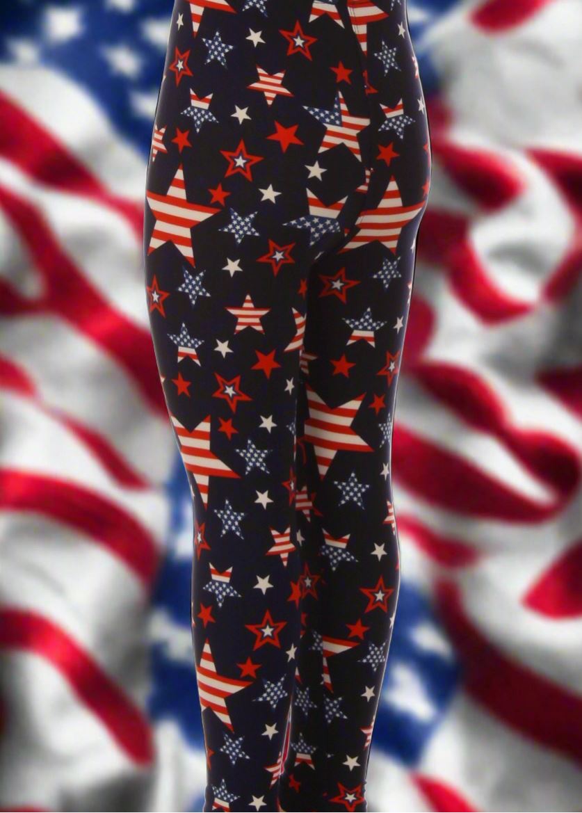 Girls 4th of July Star American Flag Leggings Kids Yoga Pants Red/White/Blue Sizes S/L Leggings MomMe and More 