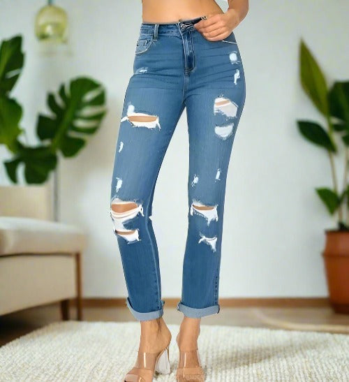 Ripped Jeans For Women | Distressed Plus Size Jeans | Straight Leg Cuffed Jeans | Blue Denim Pants Jeans MomMe and More 