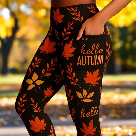 Womens Fall Leaf Leggings - High Waisted - Buttery Soft - Halloween Thanksgiving Leggings- Black/Orange Leggings MomMe and More S Orange/Black Yoga Waist