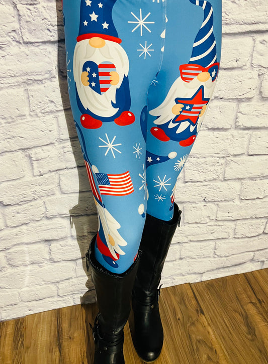 Womens Leggings | Exclusive 4th of July Gnome Leggings | Yoga Pants | Footless Tights | Yoga Waistband Leggings MomMe and More 