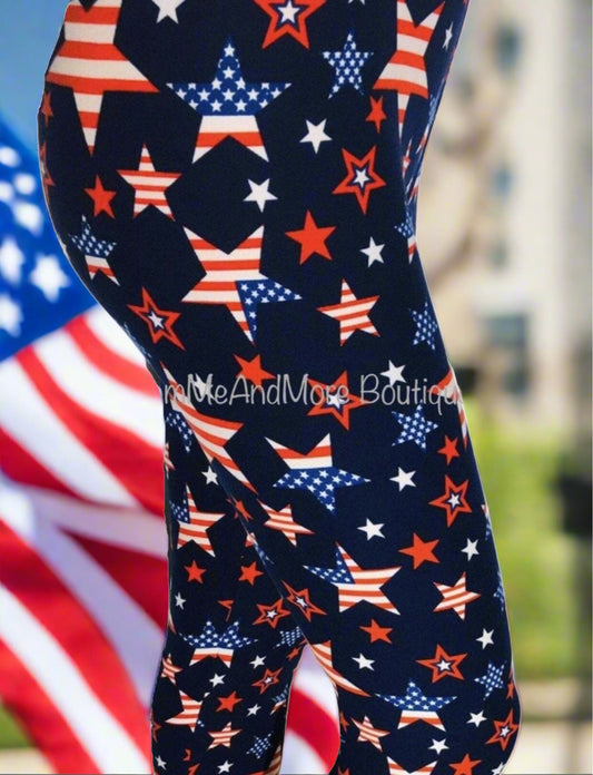 Womens Leggings | American Flag Star Leggings | Yoga Pants | Footless Tights | No-Roll Waistband Leggings MomMe and More 