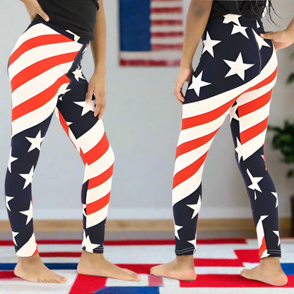 Girls American Flag Leggings, 4th of July Patriotic USA Leggings, Kids Yoga Pants, Sizes S/L, No-Roll Waist, Red/White/Blue Leggings MomMe and More 