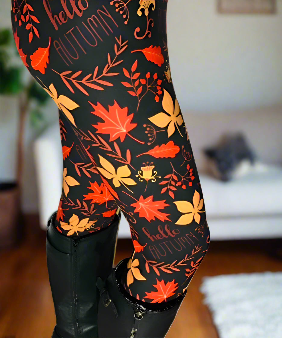 Womens Fall Leaf Hello Autumn Leggings, Soft Yoga Pants, Sizes 0-22, Black/Orange Leggings MomMe and More 