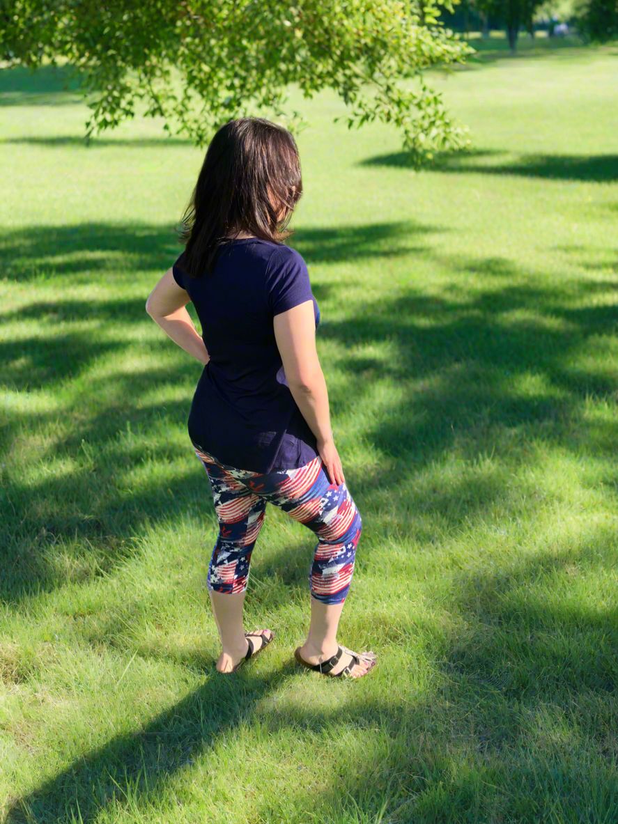 Womens 4th of July Capri Leggings - High Waisted - Buttery Soft - American Flag Leggings MomMe and More 