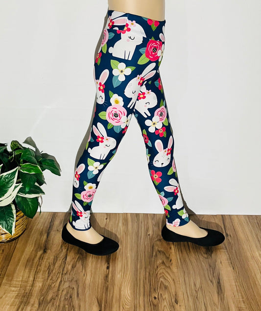 Girls Leggings | Exclusive Easter Bunny Pink Flower Leggings | Kids Yoga Pants | Footless Tights | Yoga Waistband Leggings MomMe and More 