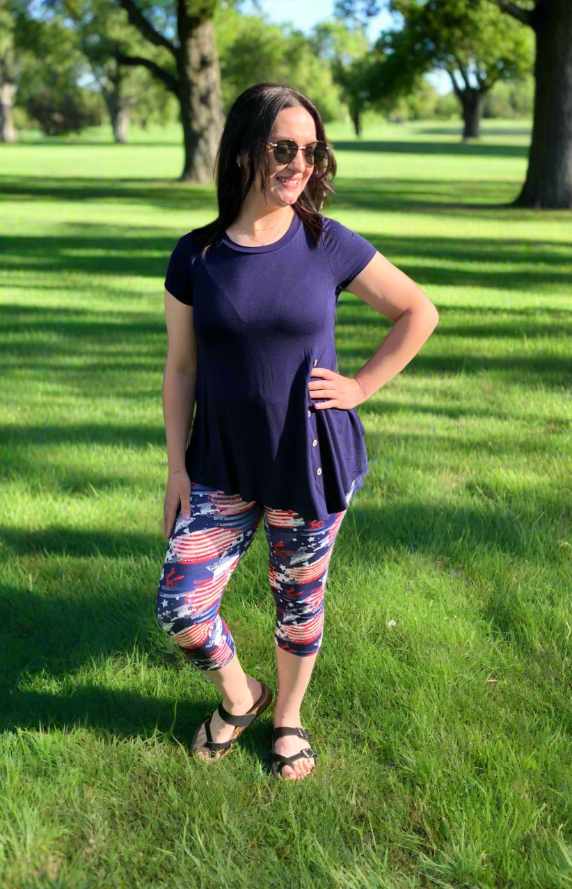 Womens 4th of July Capri Leggings - High Waisted - Buttery Soft - American Flag Leggings MomMe and More 