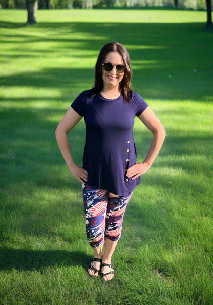 Womens American Flag Capri Leggings, Soft Yoga Pants, Red/White/Blue, Sizes OS/TC Exclusive Leggings Leggings MomMe and More 