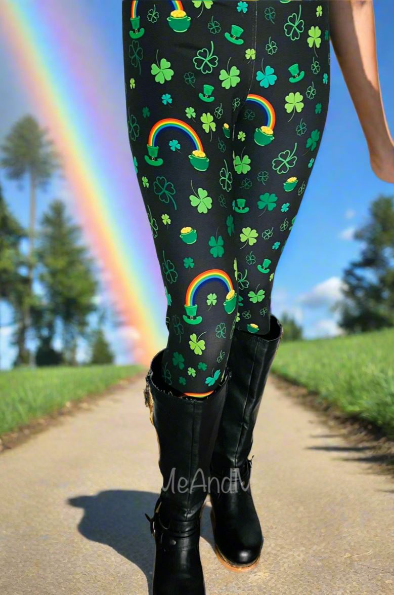 Womens Shamrock Rainbow St. Patrick Day Leggings, Soft Yoga Pants, Sizes 0-20, Yoga Waist, Exclusive Leggings Leggings MomMe and More 