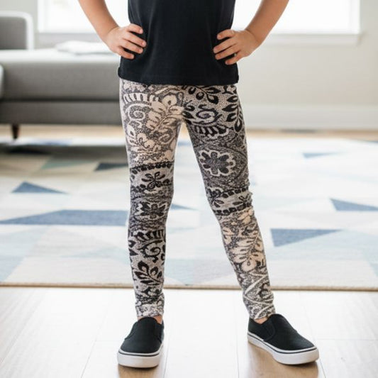 Girls Paisley Lace Leggings - High Waisted - Buttery Soft - Beige/Black Leggings MomMe and More 