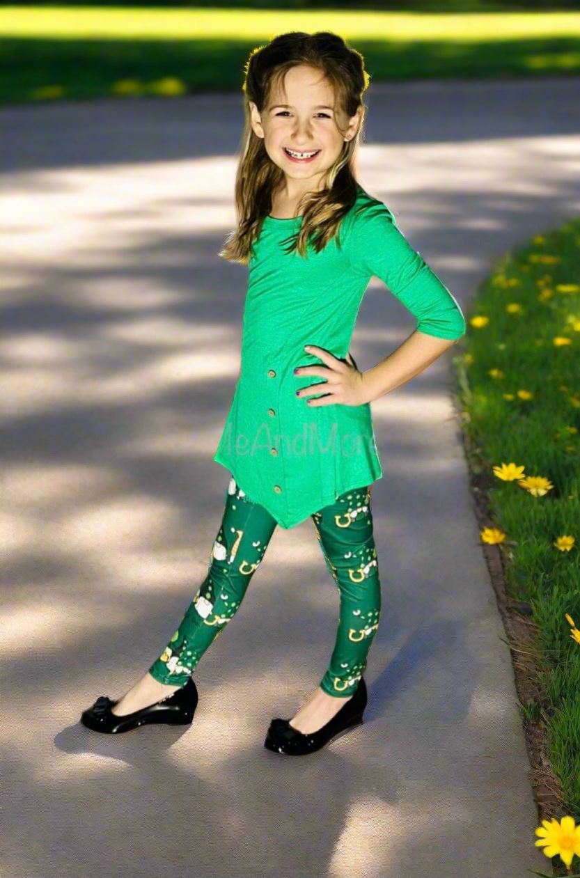 Girls St. Patrick Day Leggings, Kids Yoga Pants, Sizes S/L, Yoga Waist, Green, Exclusive Leggings Leggings MomMe and More 