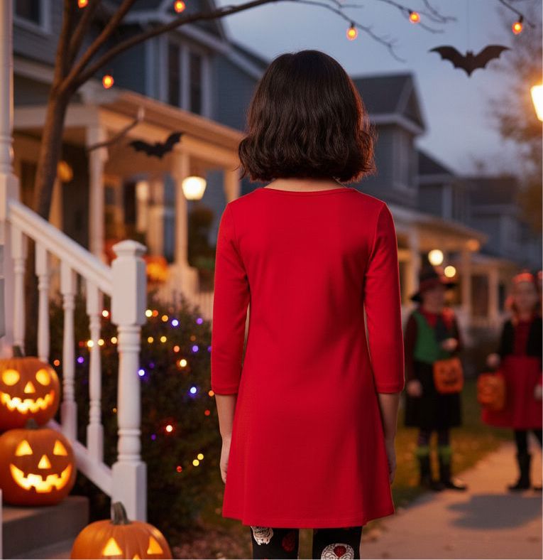 Girls Red Dress – 3/4 Sleeve – Side Buttons – Asymmetric Hem - Soft Stretch dress MomMe and More 