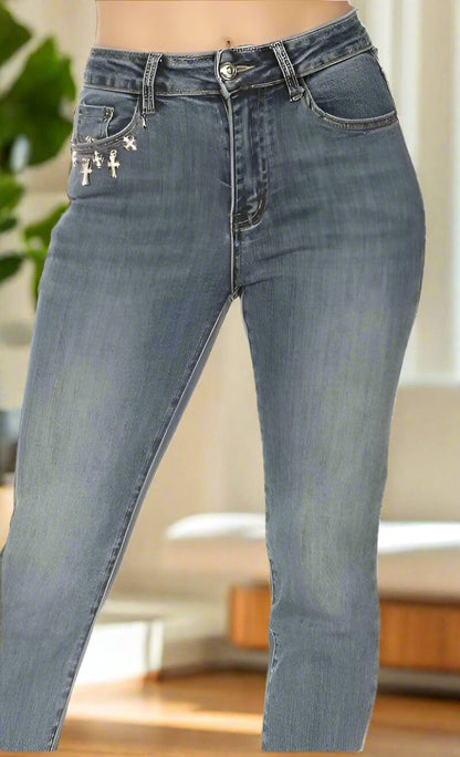 Womens Designer Jean Capris - Mid Rise - Ripped Distressed Jeans - Medium Wash - Cross Jewel Detail Jeans MomMe and More 