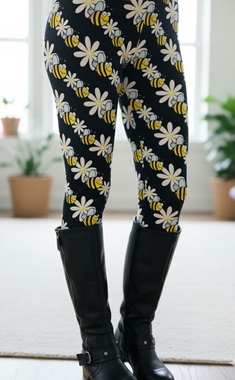 Womens Bee Daisy Leggings - High Waisted - Buttery Soft - Black/Yellow Leggings MomMe and More 