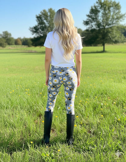 Womens Bee Daisy Leggings - High Waisted - Buttery Soft - Grey/Yellow Leggings MomMe and More 