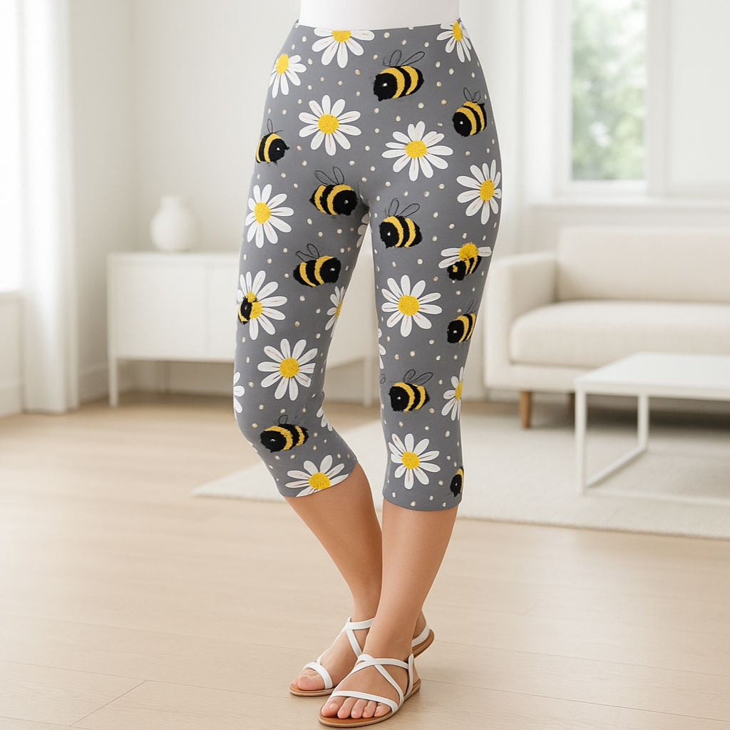 Womens Bee Capri Leggings - High Waisted - Buttery Soft - Gray/Yellow Leggings MomMe and More 