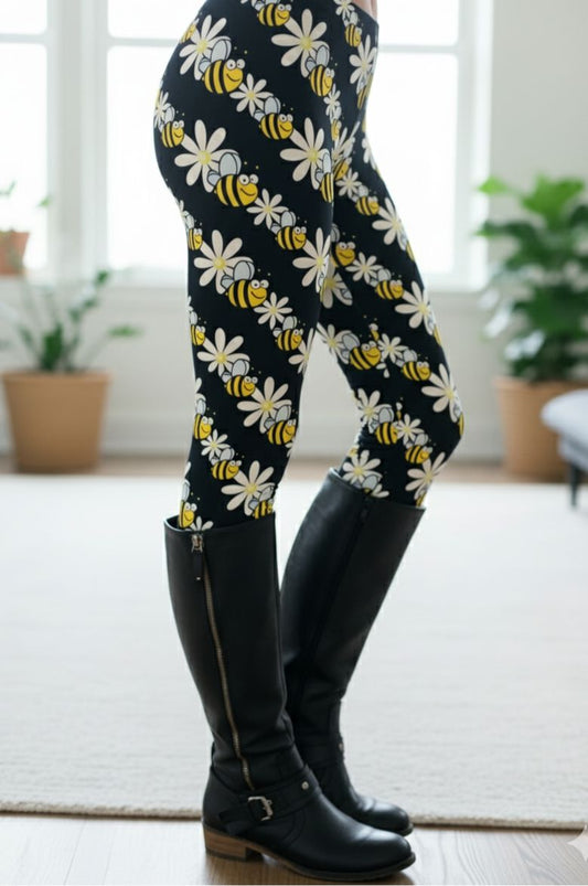 Womens Bee Daisy Leggings - High Waisted - Buttery Soft - Black/Yellow Leggings MomMe and More 