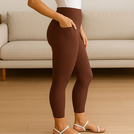 Womens Brown Pocket Leggings - High Waisted - Buttery Soft - Chocolate Leggings MomMe and More S Brown Yoga Waist