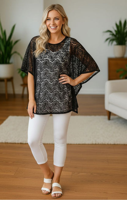 Womens Lace Top – Sheer Shirt – Paisley Print – Swim Cover-Up - Pull Over Kimono - White/Black kimono MomMe and More One Size Black 