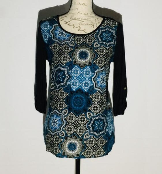 Womens Blue Black 3/4 Sleeve Shirt, Medallion Printed Top Tops MomMe and More 
