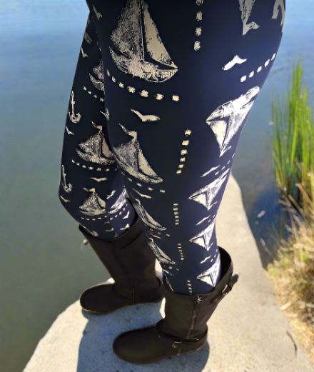 Womens Nautical Boat Leggings, Soft Yoga Pants, Blue/White, Sizes 0-20, Yoga Waist Leggings MomMe and More 