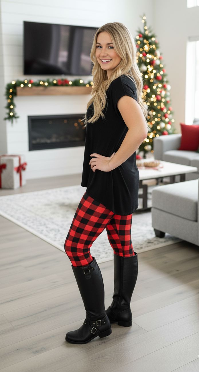 Womens Red Plaid Christmas Leggings - High Waisted - Buttery Soft - Yoga Pants - Red/Black Leggings MomMe and More 