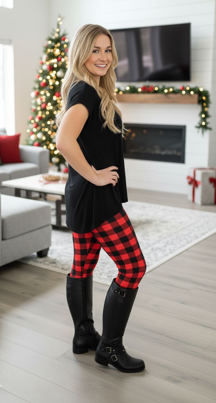 Womens Red Plaid Christmas Leggings - High Waisted - Buttery Soft - Yoga Pants - Red/Black Leggings MomMe and More 