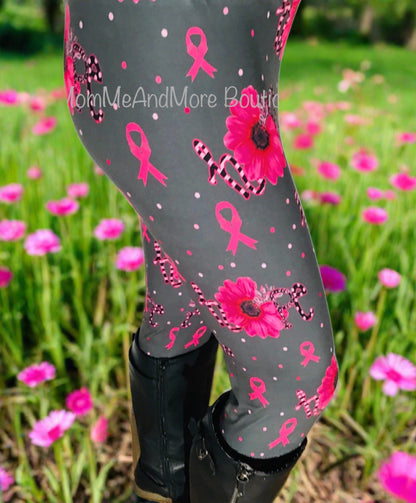 Womens Leggings | Exclusive Pink Ribbon Cancer Leggings | Yoga Pants | Footless Tights | Yoga Waistband Leggings MomMe and More 