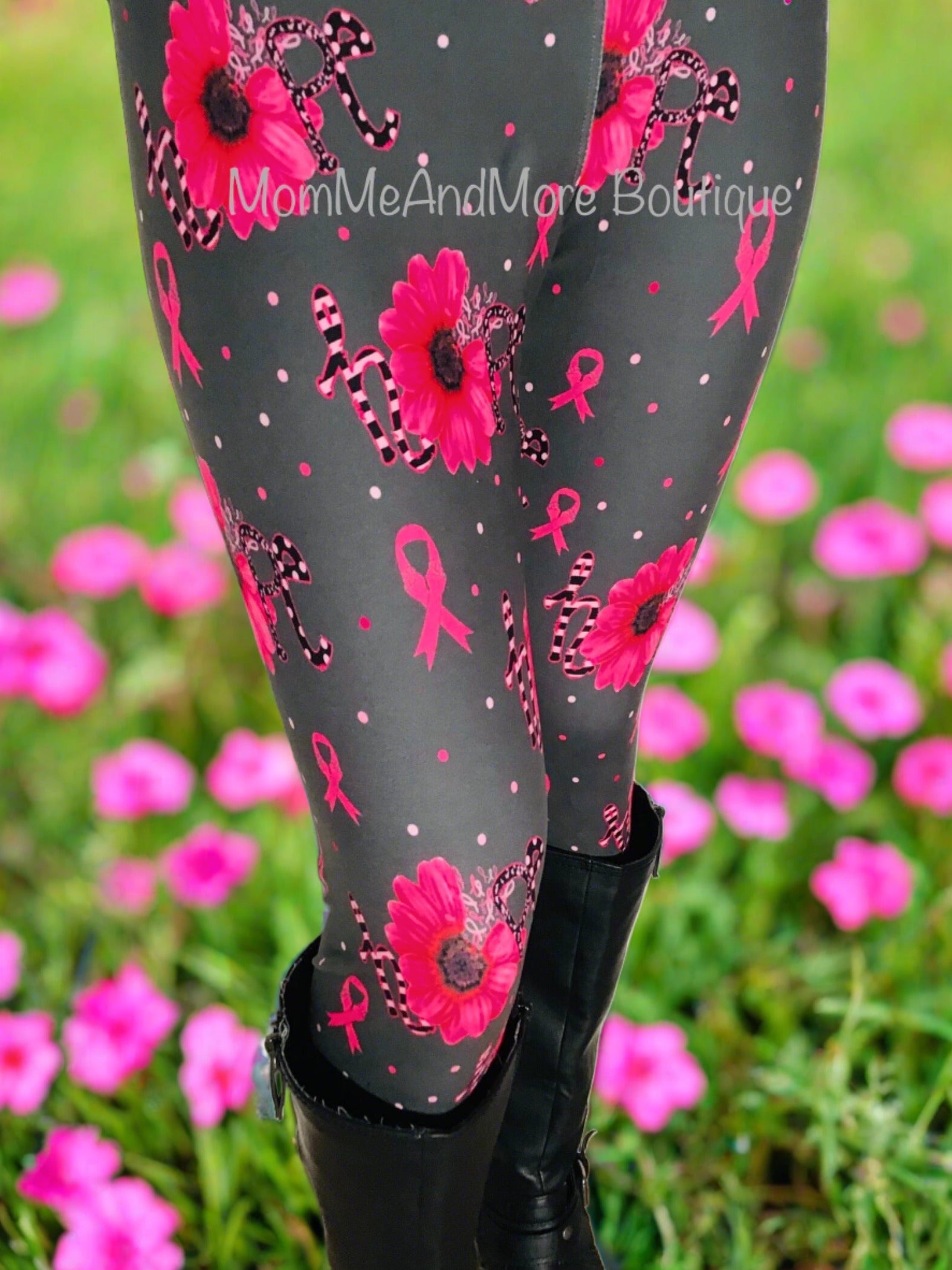 Womens Leggings | Exclusive Pink Ribbon Cancer Leggings | Yoga Pants | Footless Tights | Yoga Waistband Leggings MomMe and More 