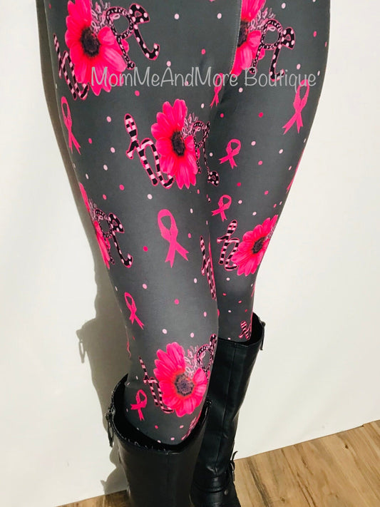 Womens Leggings | Exclusive Pink Ribbon Cancer Leggings | Yoga Pants | Footless Tights | Yoga Waistband Leggings MomMe and More 