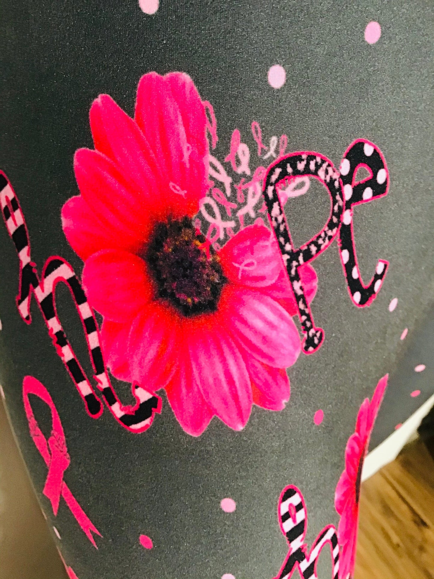 Womens Pink Ribbon Leggings, Soft Yoga Pants, Sizes OS/TC, Gray/Pink, Yoga Waist, Exclusive Leggings Leggings MomMe and More 