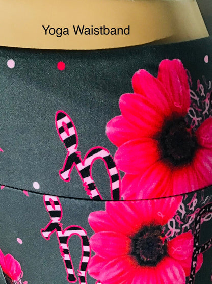 Womens Pink Ribbon Leggings, Soft Yoga Pants, Sizes OS/TC, Gray/Pink, Yoga Waist, Exclusive Leggings Leggings MomMe and More 