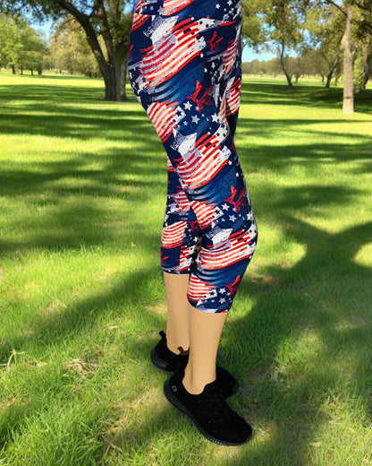 Womens 4th of July Capri Leggings - High Waisted - Buttery Soft - American Flag Leggings MomMe and More 