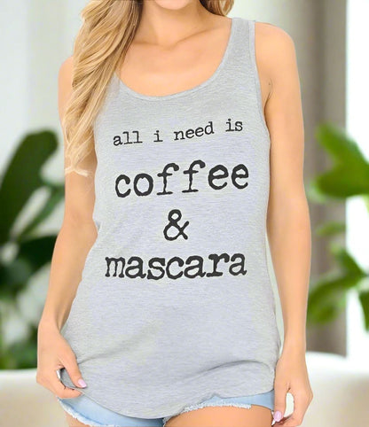 Womens Coffee Mascara Graphic Tank Top, Sizes S/M/L, Gray Tops MomMe and More 