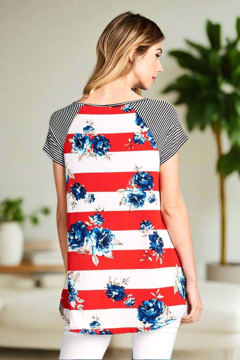 Womens Floral Striped Top, 4th of July Shirt, Plus Sizes 1xl/2xl/3xl, Red/White/Blue Tops MomMe and More 