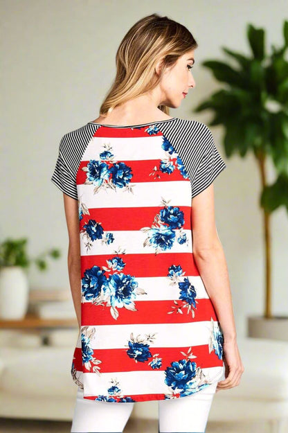 Womens Floral Striped Top, 4th of July Shirt, Plus Sizes 1xl/2xl/3xl, Red/White/Blue Tops MomMe and More 
