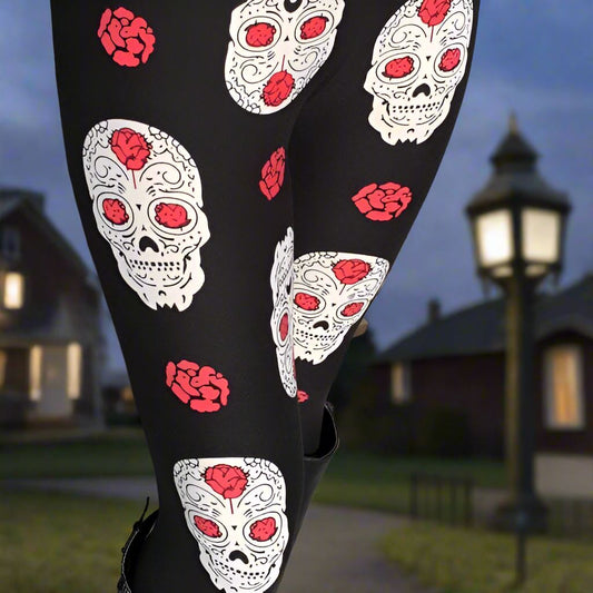 Womens Halloween Skull Rose Leggings, Kids Yoga Pants, Sizes 0-18, No-Roll Waist, Black/White Leggings MomMe and More 