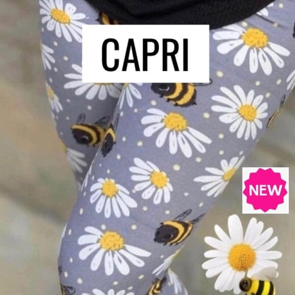 Womens Bee Leggings | Daisy Bee Capri Leggings | Yoga Pants | Footless Tights | No-Roll Waistband Leggings MomMe and More 