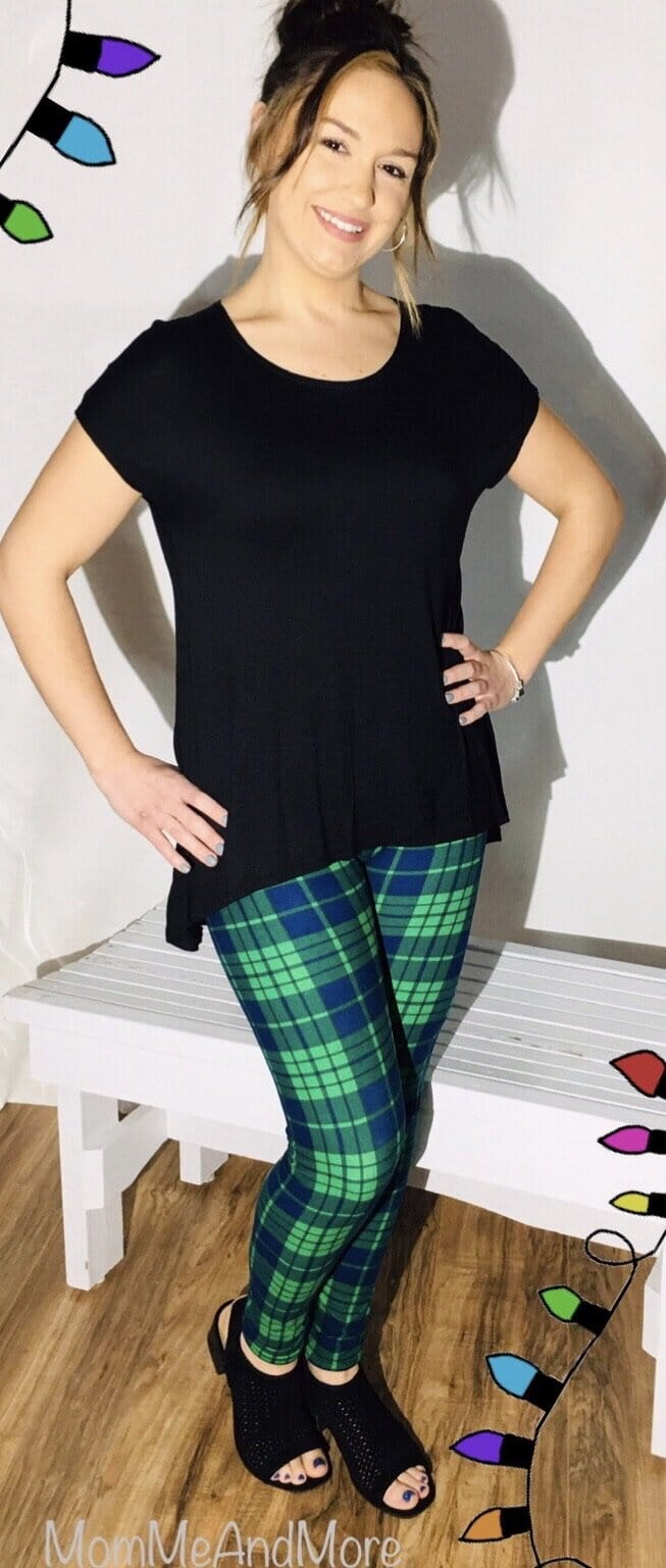 Womens Green Plaid Christmas Leggings, Yoga Pants, Footless Tights Leggings MomMe and More 