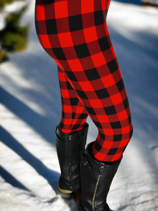 Womens Leggings | Exclusive Black Red Plaid Leggings | Yoga Pants | Footless Tights | Yoga Waistband Leggings MomMe and More 