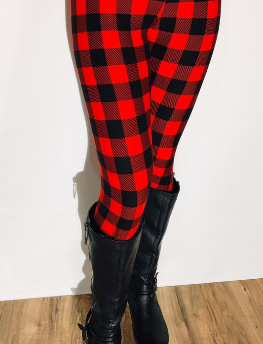 Womens Leggings | Exclusive Black Red Plaid Leggings | Yoga Pants | Footless Tights | Yoga Waistband Leggings MomMe and More 