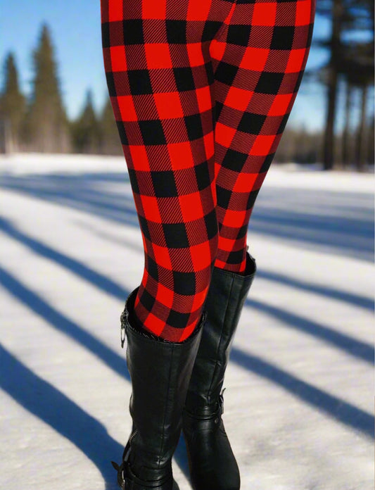 Womens Leggings | Exclusive Black Red Plaid Leggings | Yoga Pants | Footless Tights | Yoga Waistband Leggings MomMe and More 