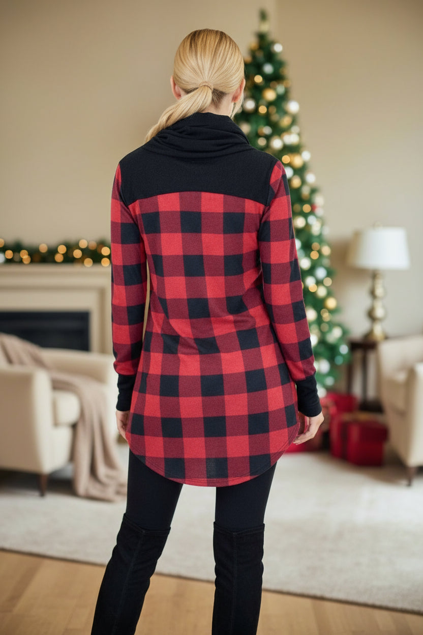 Womens Christmas Plaid Top, Long Sleeve Cowl Neck Shirt, Sizes S/M, Red/Black Tops MomMe and More 