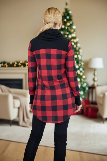 Womens Christmas Plaid Top, Long Sleeve Cowl Neck Shirt, Sizes S/M, Red/Black Tops MomMe and More 