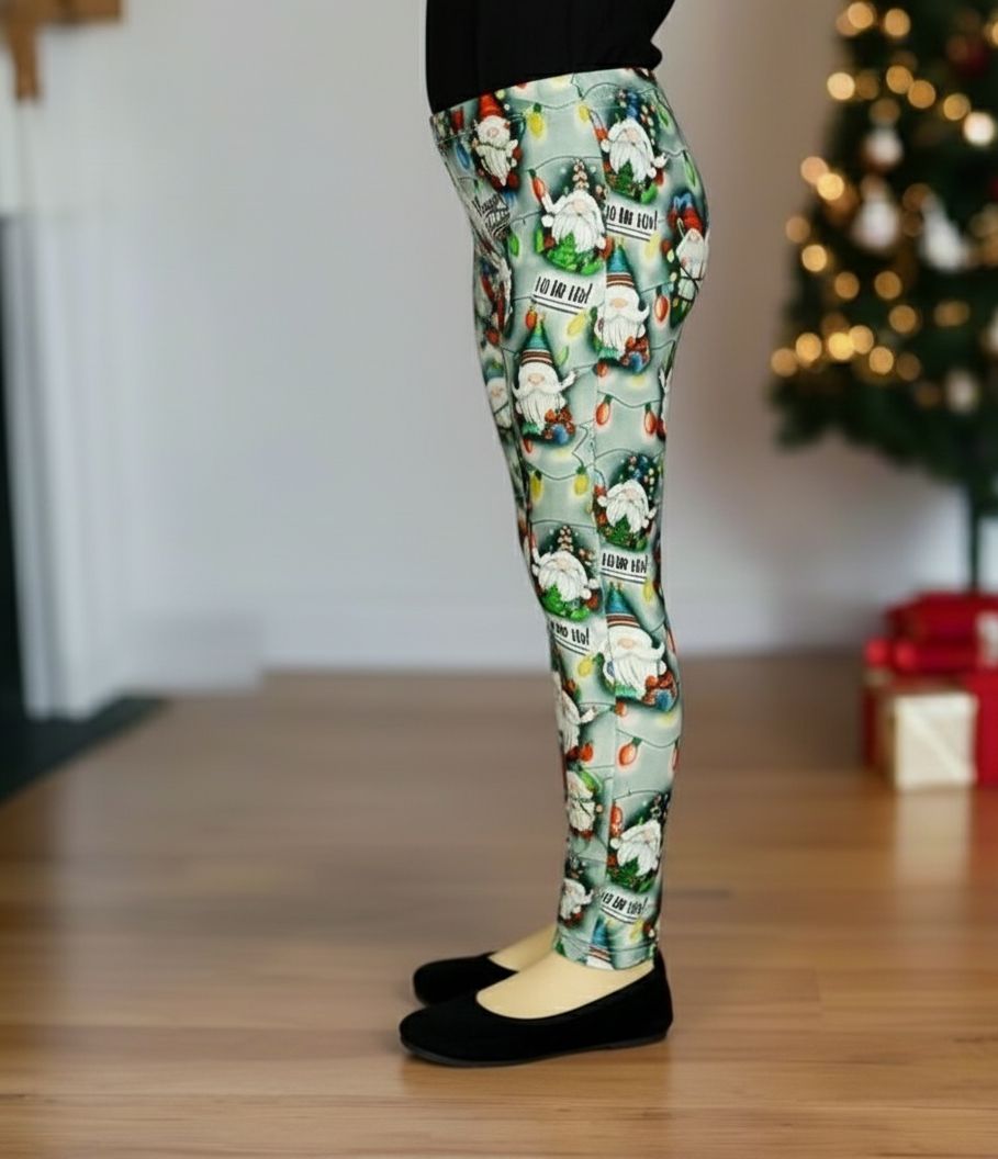 Girls Christmas Gnome Leggings - High Waisted - Buttery Soft - HO HO HO Holiday Lights - Green/Red Leggings MomMe and More 