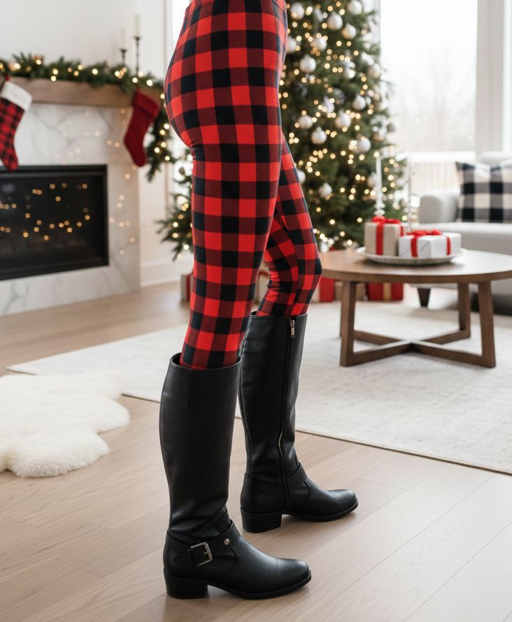 Womens Red Plaid Christmas Leggings - High Waisted - Buttery Soft - Yoga Pants - Red/Black Leggings MomMe and More 