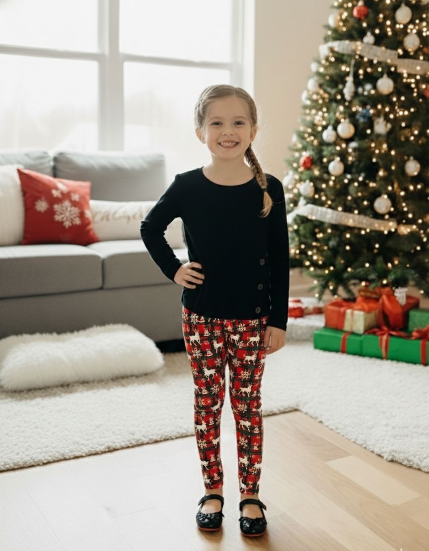 Girls Plaid Christmas Leggings - High Waisted - Buttery Soft - Red/White Leggings MomMe and More 